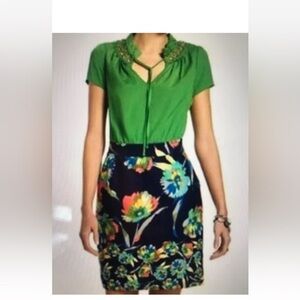 Tabitha Anthropologie Tabitha Floral A-Line Dress Size 4 Green Navy Knee Length
